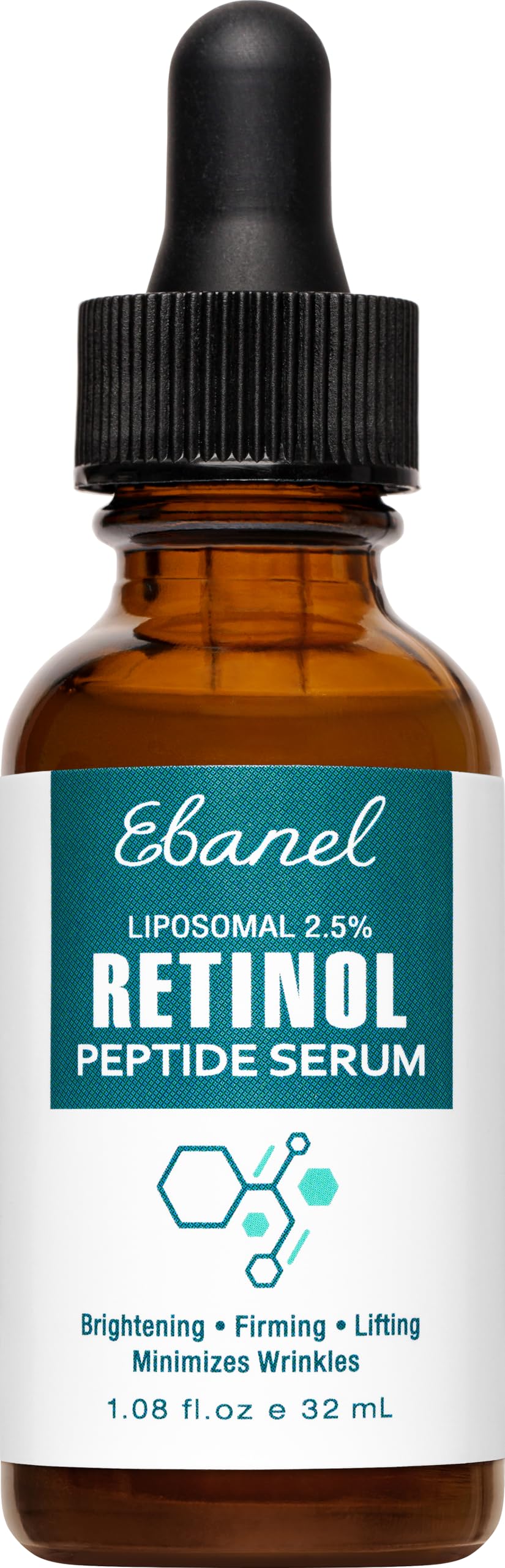 Ebanel bottle front view showing sleek packaging and anti-aging benefits