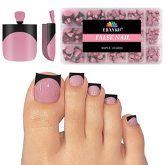 EBANKU front packaging showing 300pcs black French tip toe nails, quick salon look