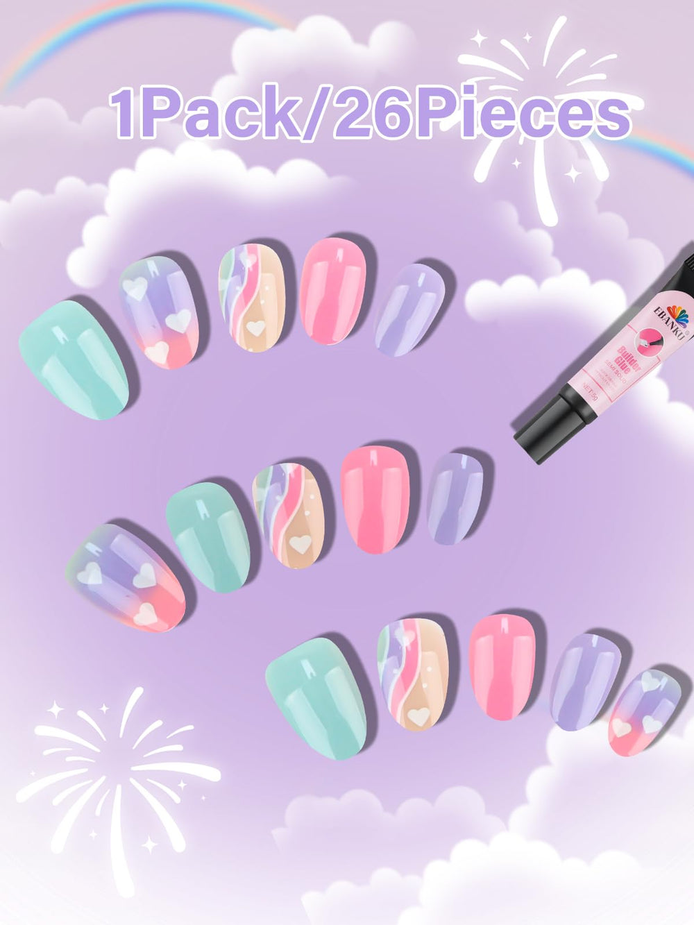 EBANKU close-up of colorful short press-on nails highlighting vibrant patterns and durable finish