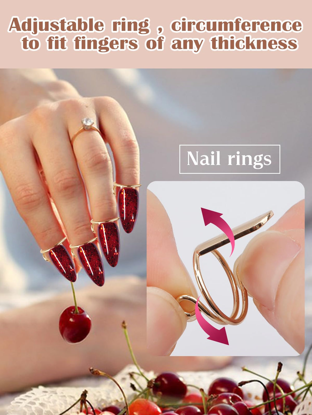 EBANKU rings fitted on press-on nails held in hand, quick at-home application
