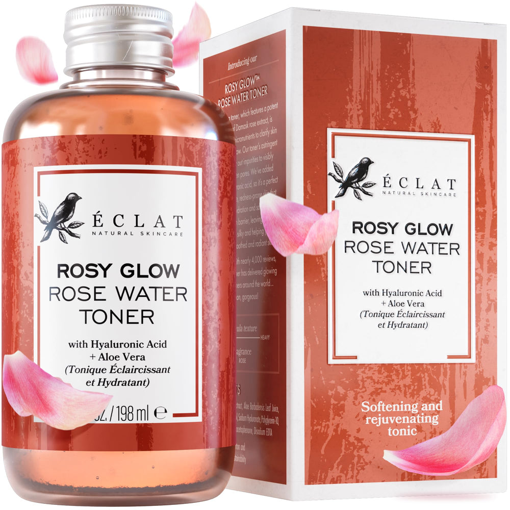 Eclat Skincare front bottle view showing clean rose water toner, hydrate effect