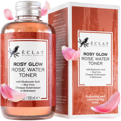 Eclat Skincare front bottle view showing clean rose water toner, hydrate effect