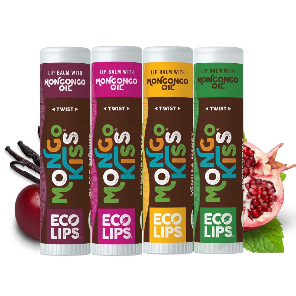 Eco Lips front packaging showing four Mongo Kiss tubes and benefits