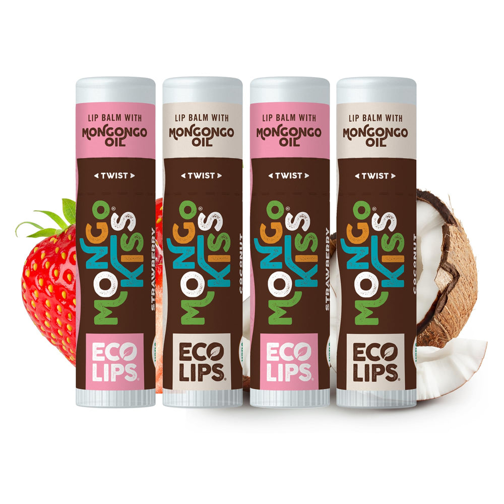 Eco Lips front packaging showing four Mongo Kiss tubes and flavor labels