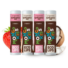 Eco Lips front packaging showing four Mongo Kiss tubes and flavor labels