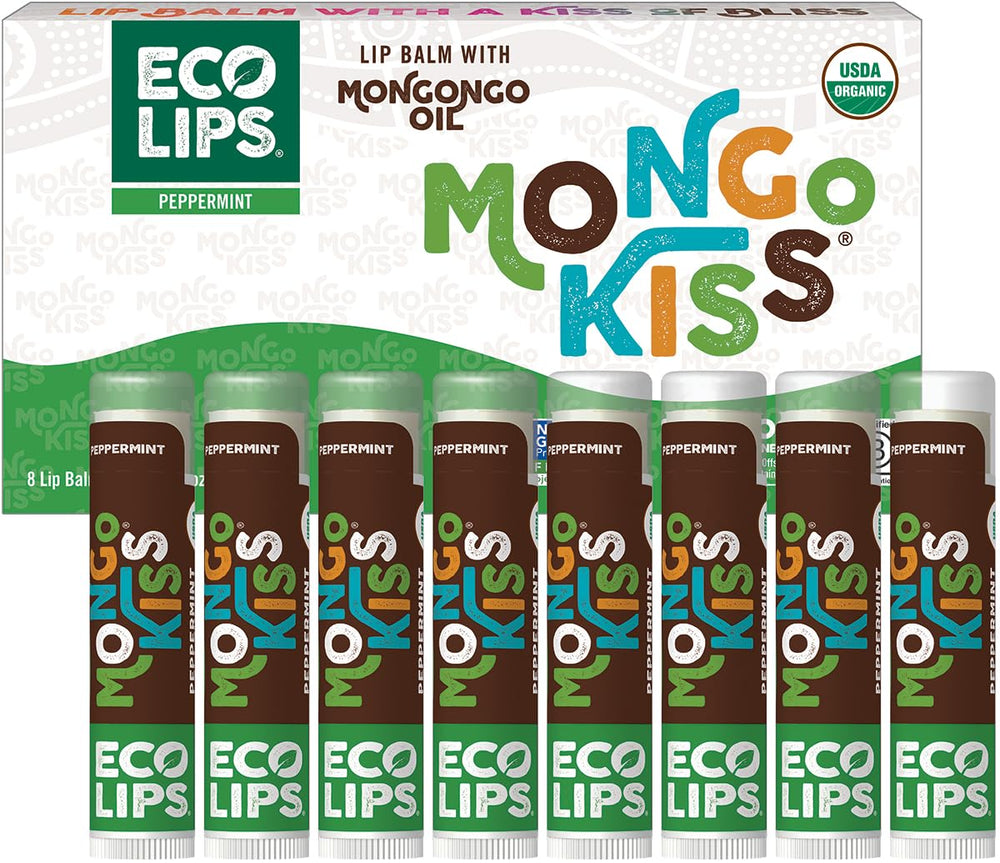 Eco Lips Mongo Kiss front box showing eight peppermint tubes and eco packaging benefit