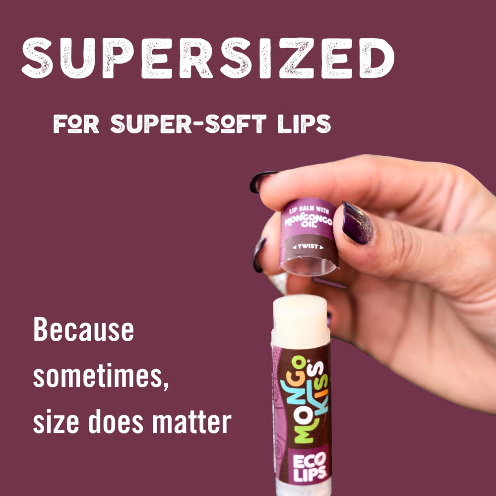 Eco Lips Mongo Kiss tube next to standard stick showing larger 0.25 oz size advantage