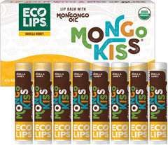Eco Lips front packaging showing eight Vanilla Honey tubes and organic labeling benefit