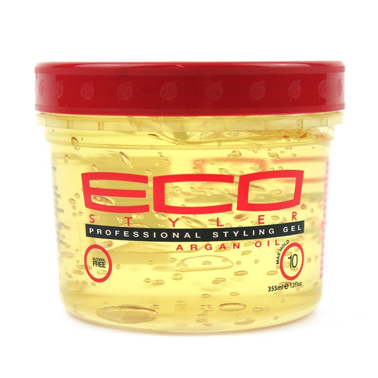Eco Style Moroccan Argan styling gel front jar showing label and size benefits