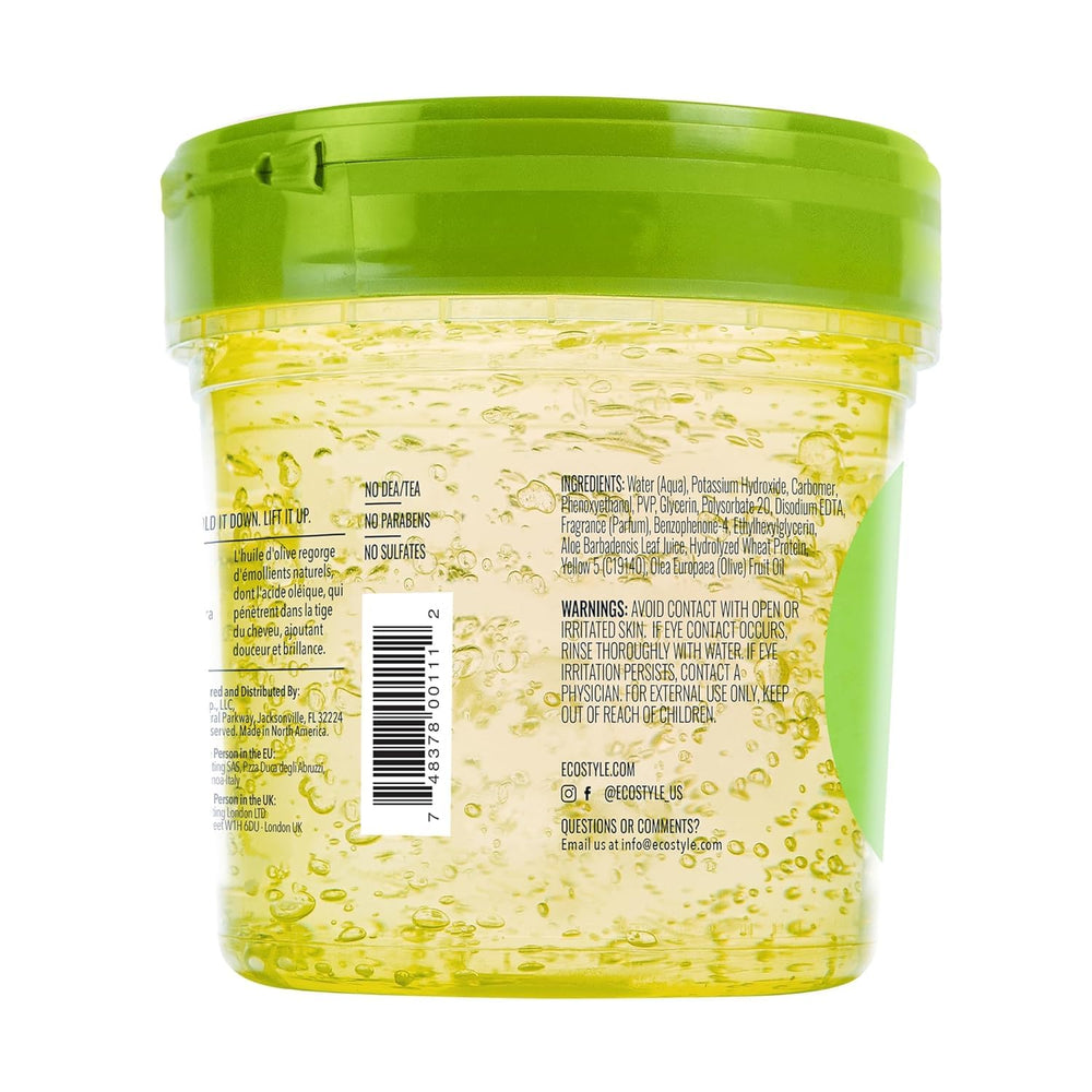 Eco Style open jar showing gel texture and moisturizing olive oil sheen