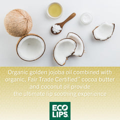 Eco Lips ingredients display of jojoba and cocoa butter for nourishment