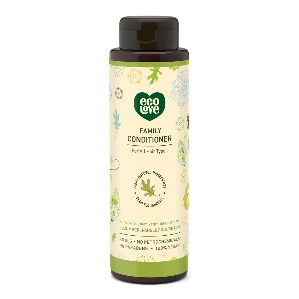 ecoLove front bottle showing 17.6 oz and fresh green packaging, easy family use