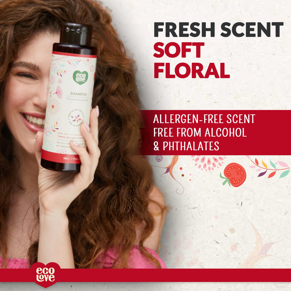 ecoLove shampoo in use under shower, providing controlled oil balance