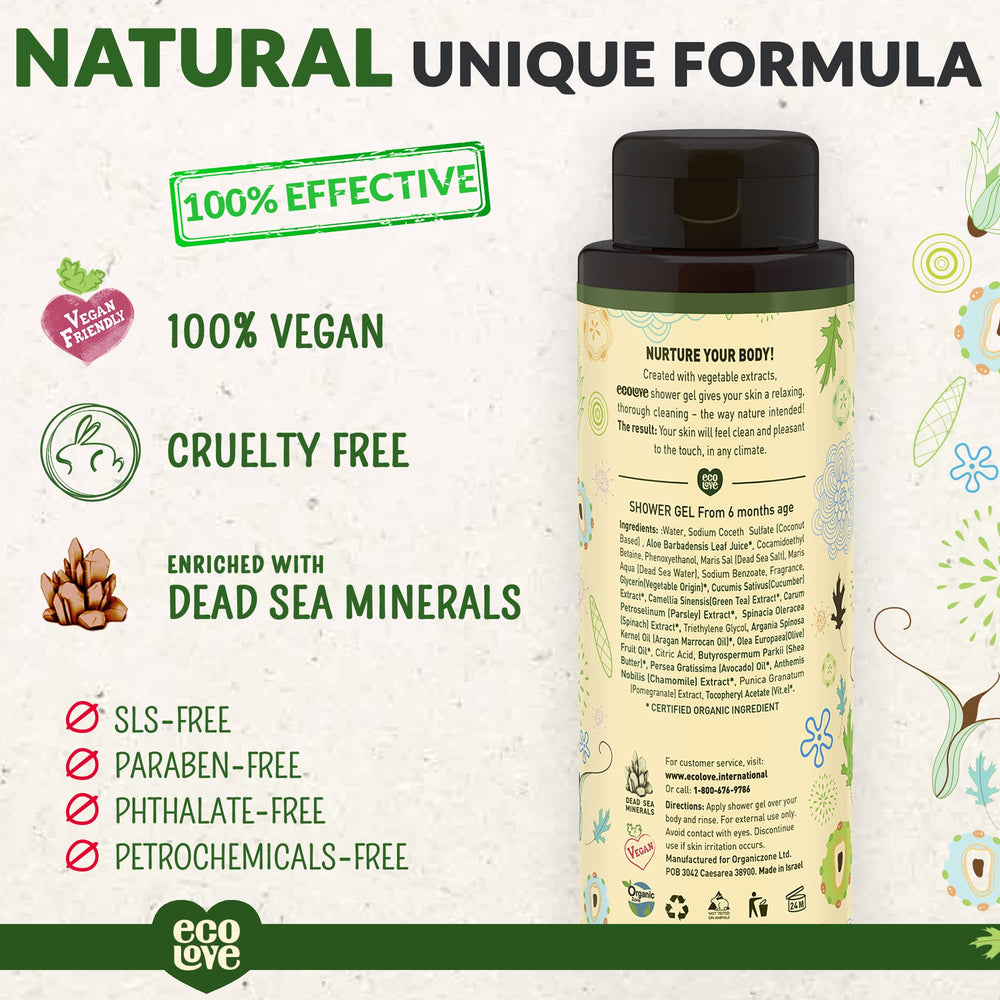 ecoLove creamy green gel texture poured on palm, demonstrates non-drying moisturizing feel