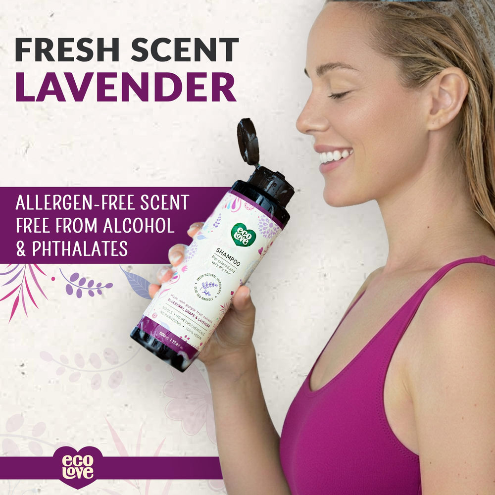 ecoLove shampoo in shower being applied to wet hair, improves softness