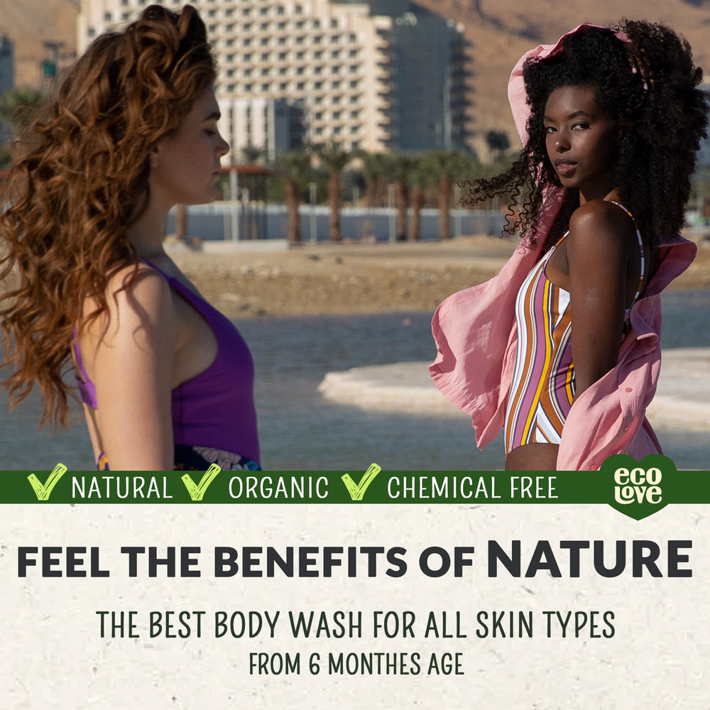 Person using ecoLove body wash in shower, illustrating gentle clean and refreshing scent benefit
