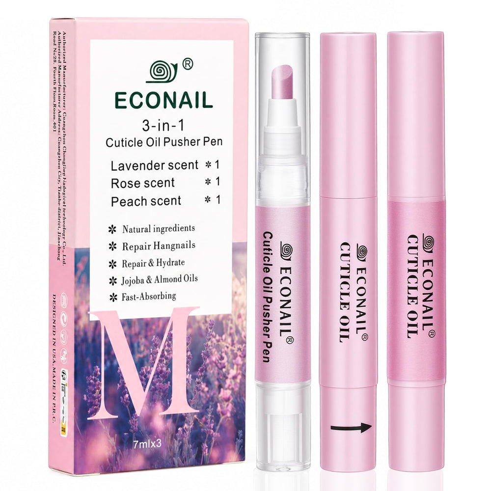 Econail front packaging showing three scented cuticle pens for convenient care