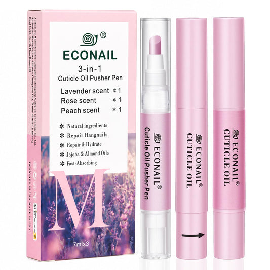 Econail front packaging showing three scented cuticle pens for convenient care