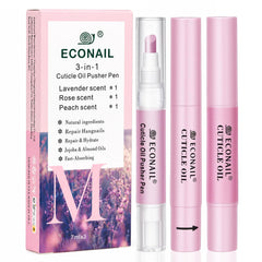 Econail front packaging showing three scented cuticle pens for convenient care