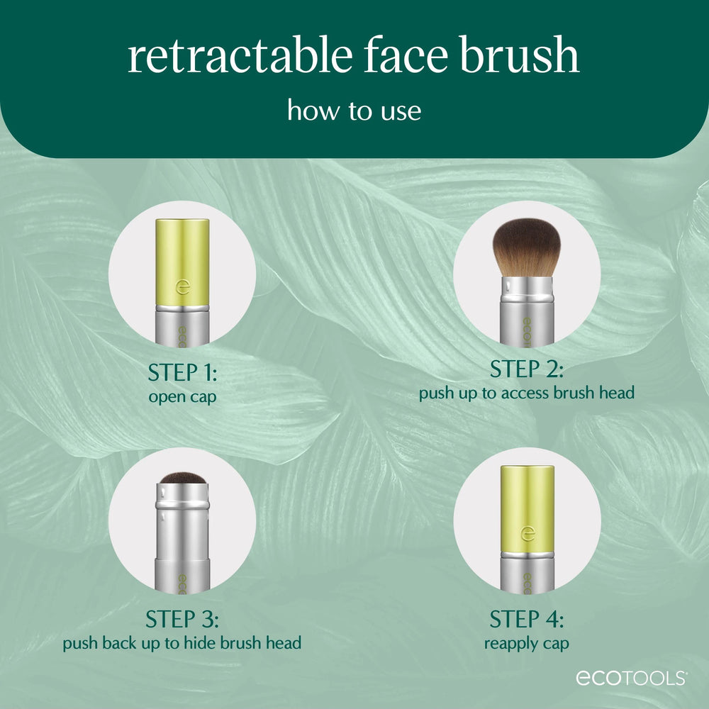 EcoTools retractable brush in hand demonstrating compact travel size