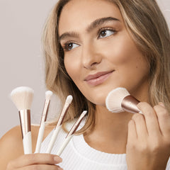EcoTools soft powder brush applying powder for a natural matte finish