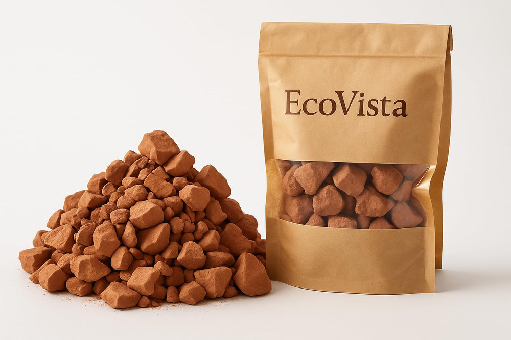 EcoVista front packaging showing jar of red edible clay and label benefit purity