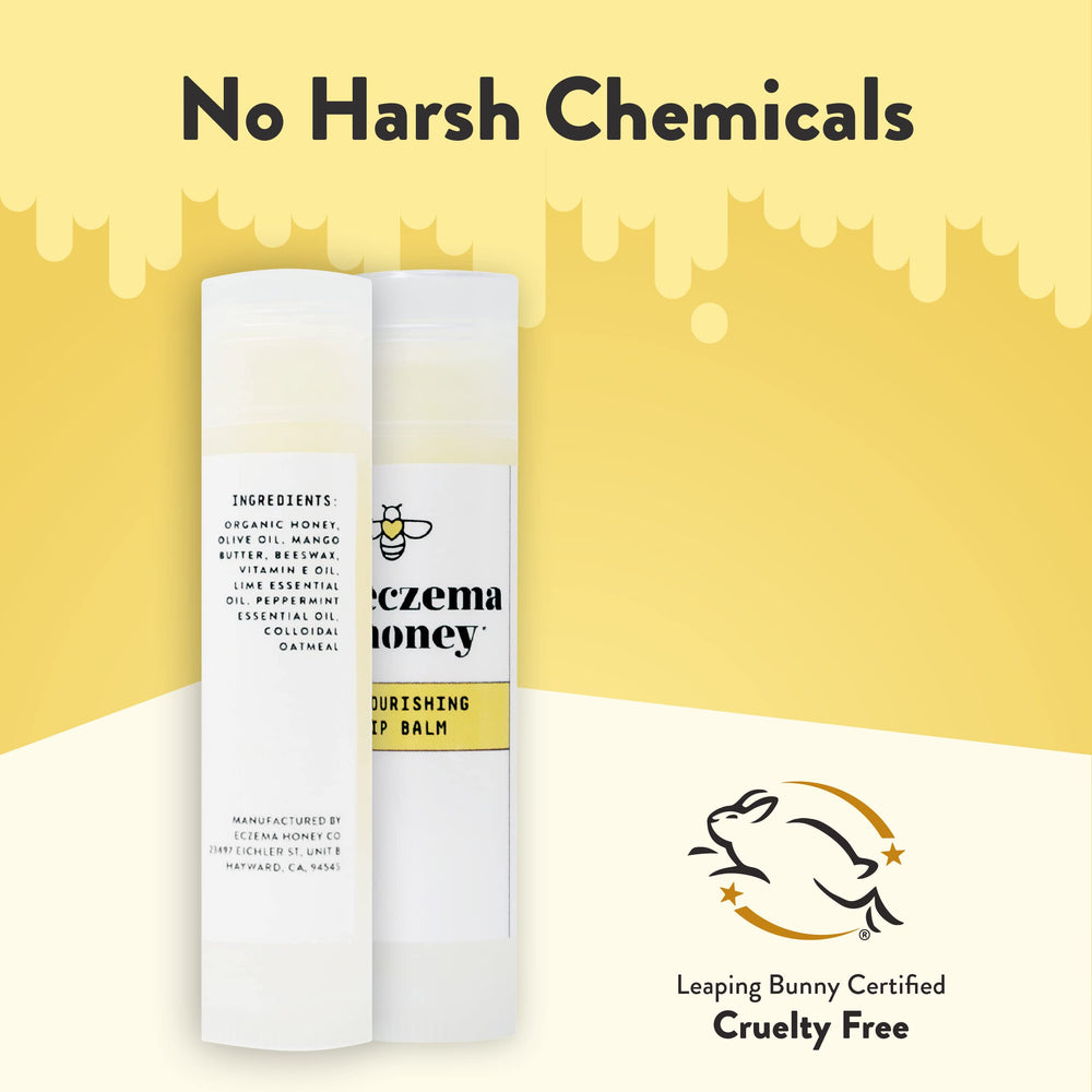 ECZEMA HONEY lip balm next to a coin shows compact size for travel convenience