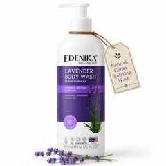 Edenika Botanicals front bottle showing label and lavender scent, calming shower benefit