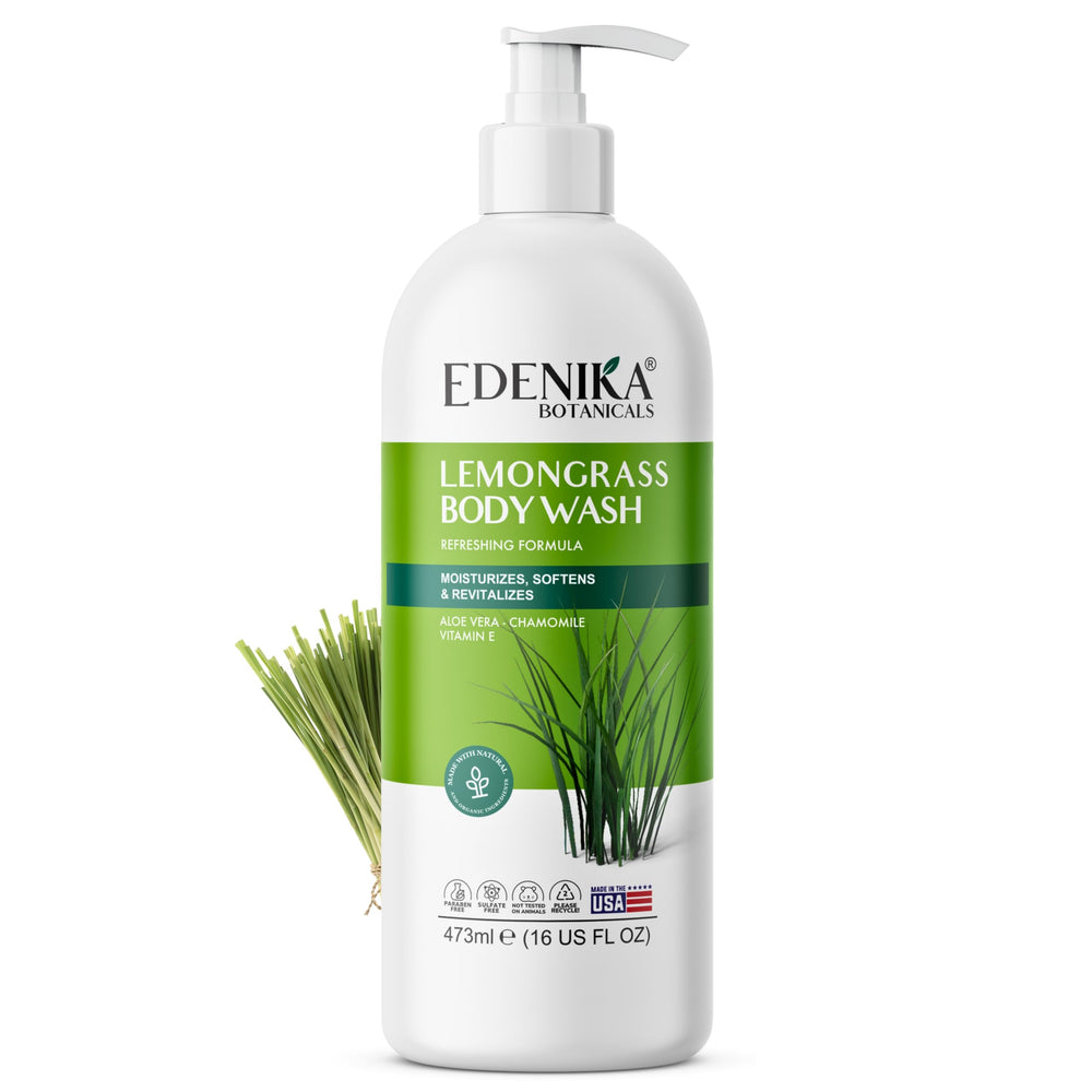 EDENIKA BOTANICALS front bottle showing lemongrass label and fresh scent benefit