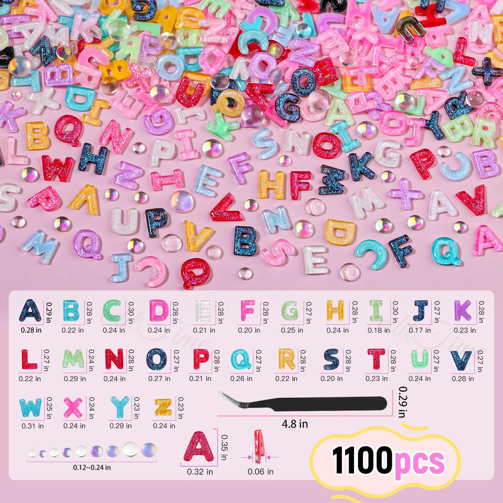 editTime close-up of A–Z resin letters, sparkle detail for eye-catching nails