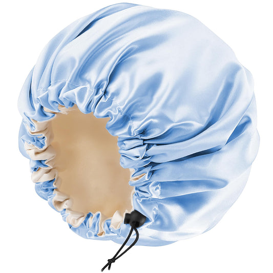 Edoneery satin bonnet front view showing roomy fit and secure drawstring