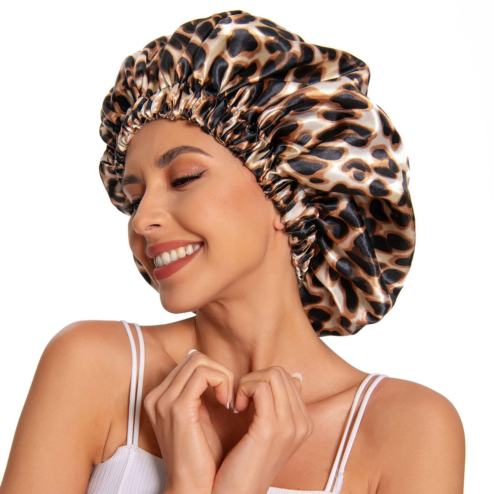 Edoneery leopard bonnet front view shows full coverage and stylish protection