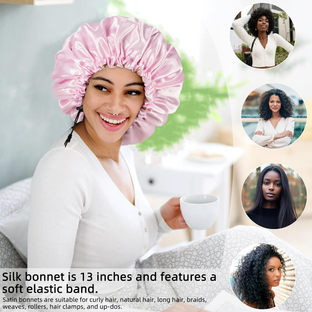 Edoneery model sleeping sideways wearing bonnet to protect curls