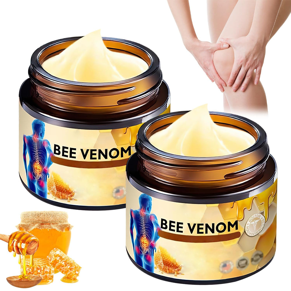 Egmsic front packaging showing two compact bee venom cream bottles and benefits