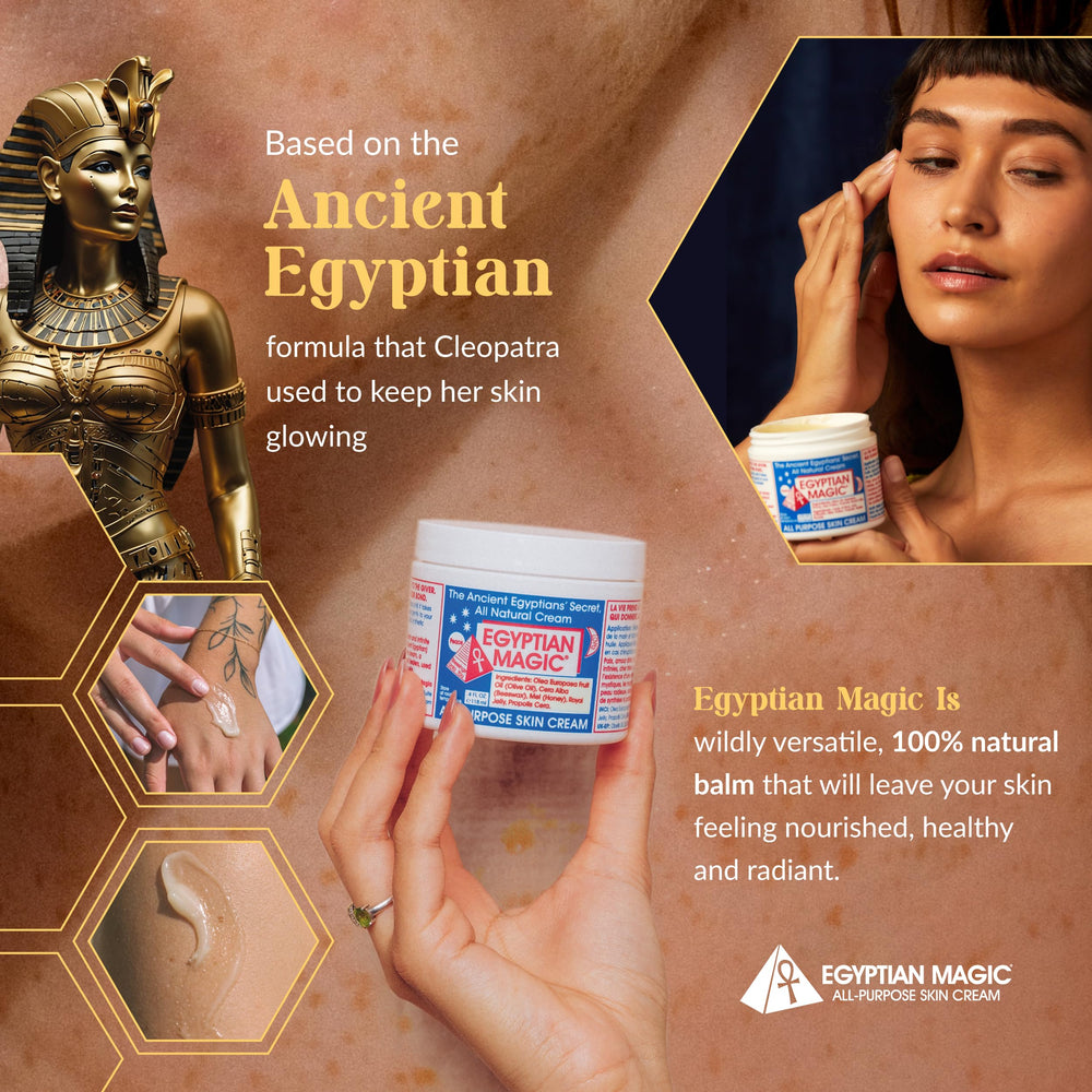 open jar showing thick balm texture, Egyptian Magic provides deep hydration