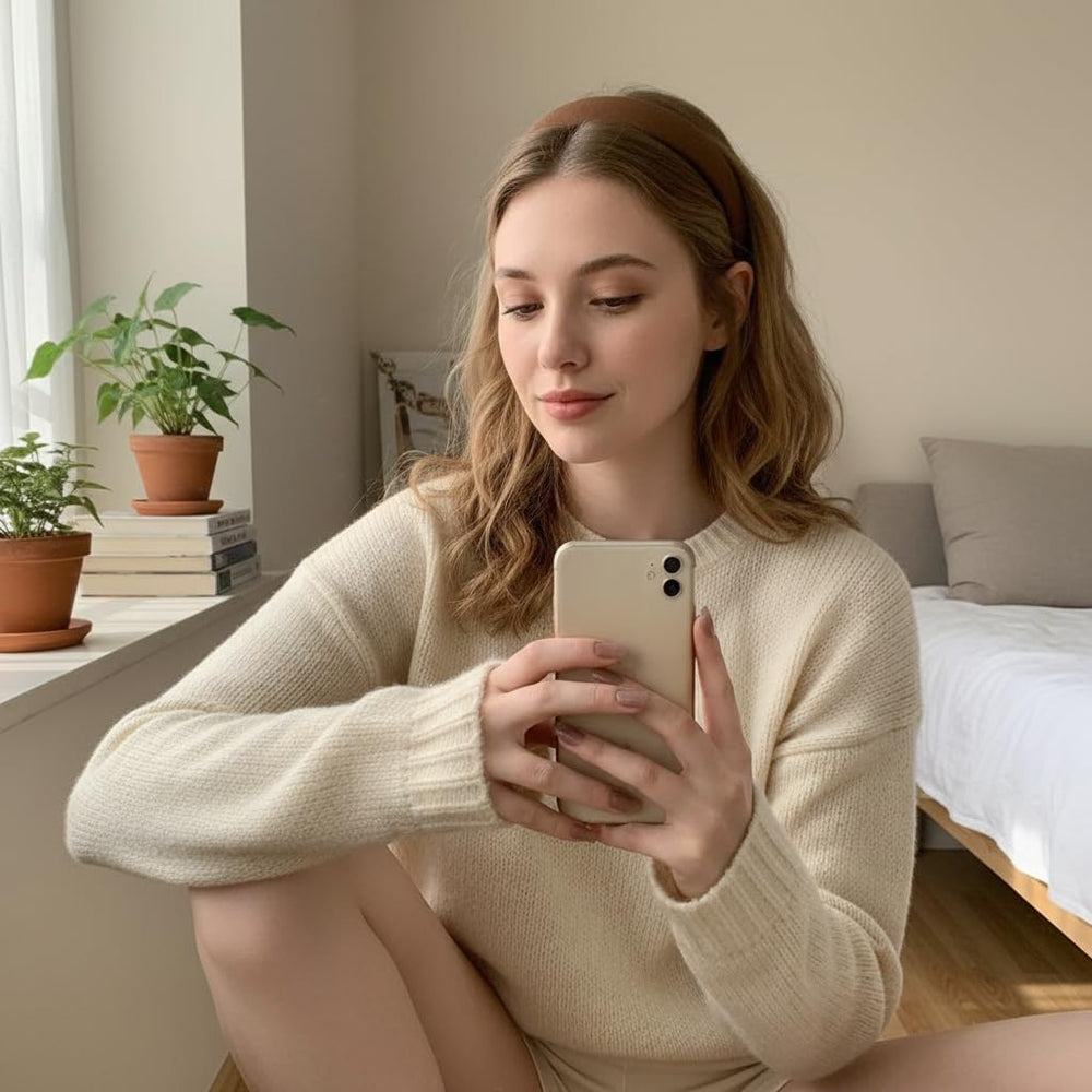 EIOAUY hand holding headband to show scale and travel-friendly size
