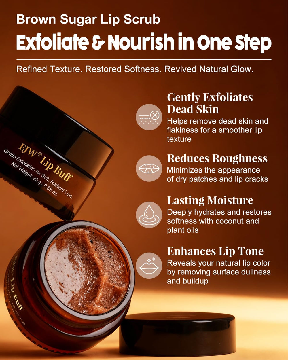Small wooden bowl with EJW ingredients: brown sugar, coffee, and oils showing natural origins