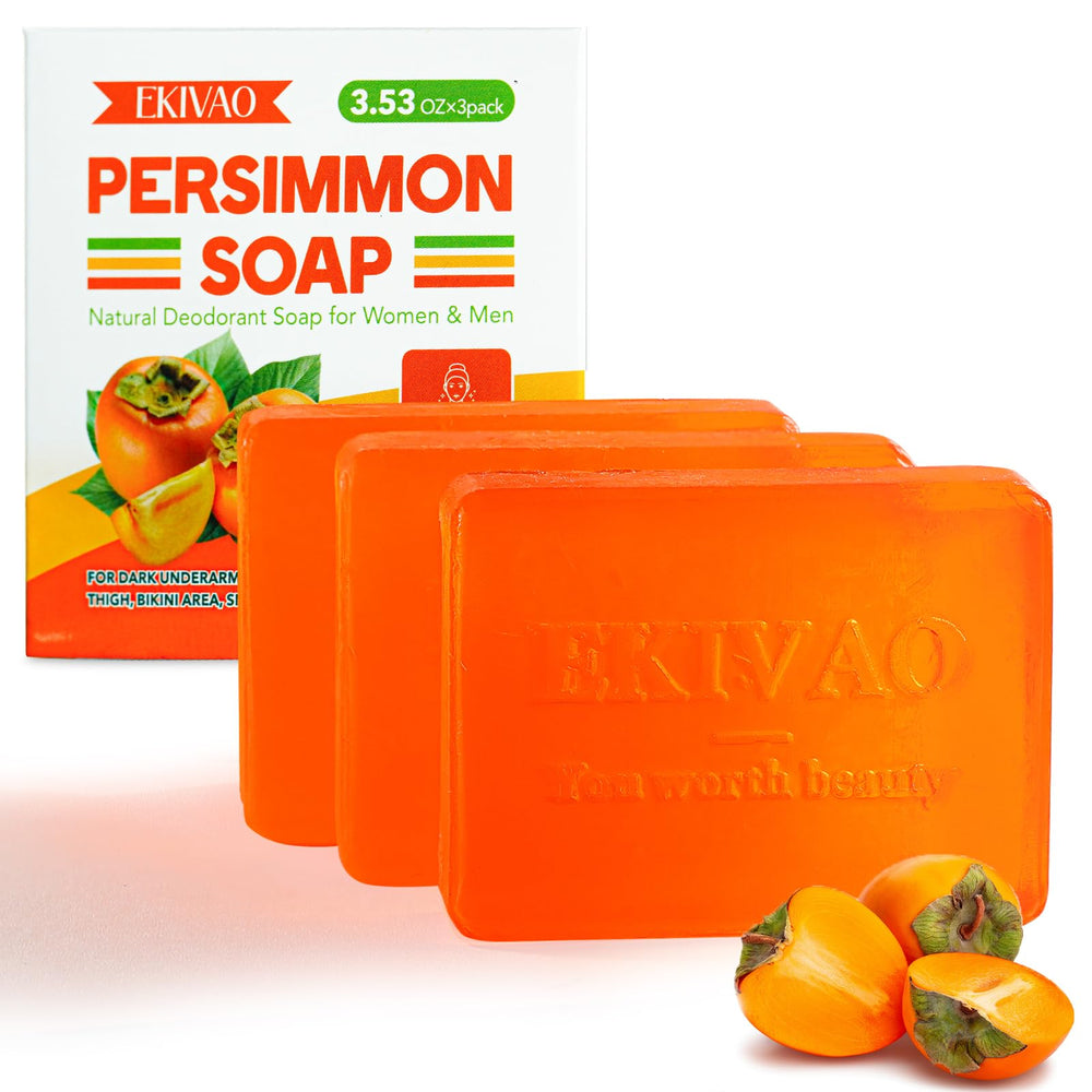 EKIVAO front packaging showing three persimmon soap bars and benefits