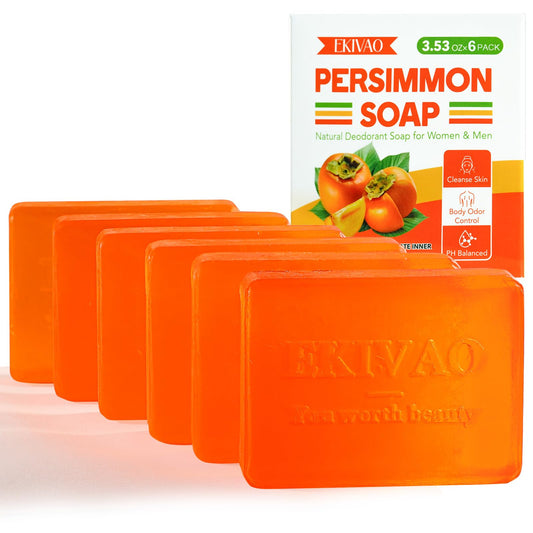 EKIVAO front packaging showing six persimmon soap bars, clear ingredient focus and travel convenience