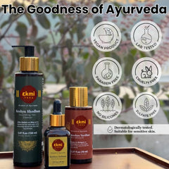 EKMIVEDA set staged in bathroom showing easy daily hair care routine benefits
