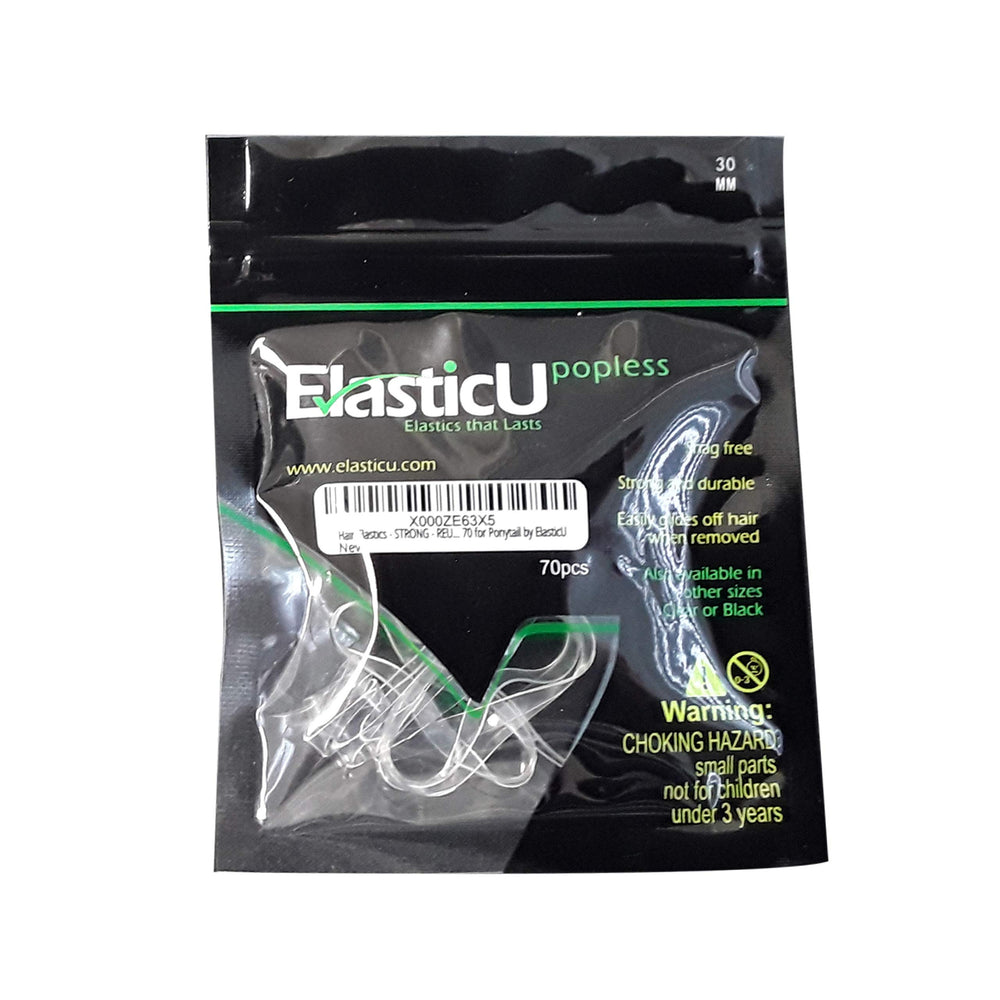 ElasticU clear band on dark hair showing discreet, low-profile finish