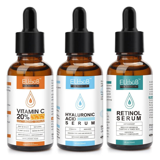 ELBBUB front packaging of serum set showing three bottles for complete routine