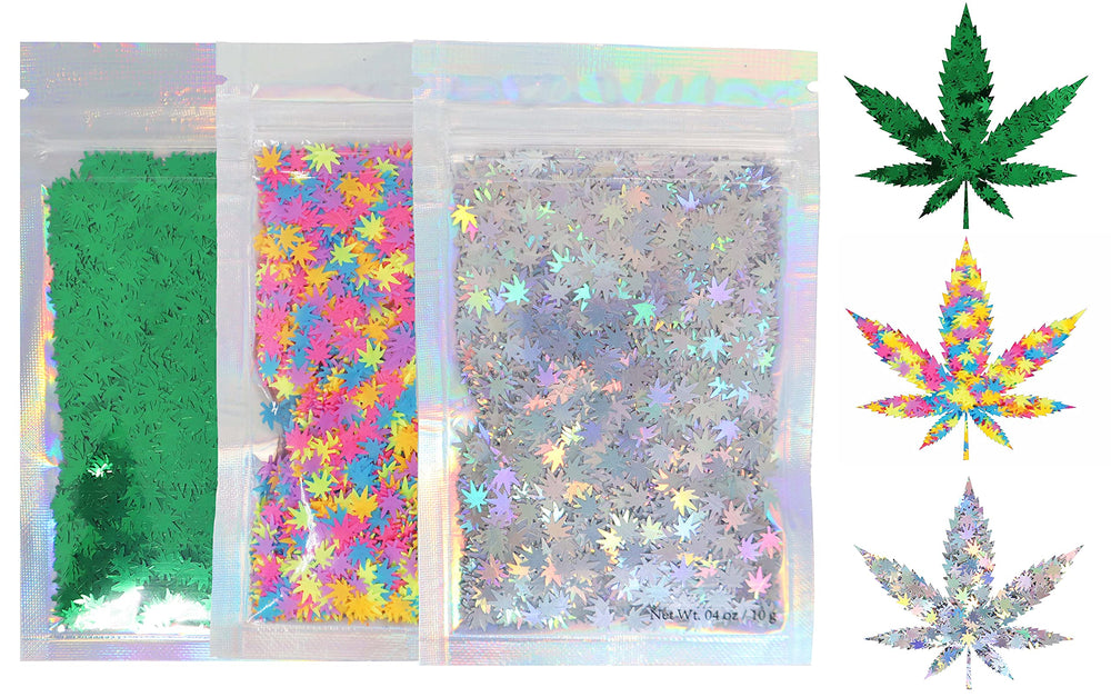 Electric Bliss Beauty front packets showing green rainbow silver leaf glitters, clear labeling and vibrant colors