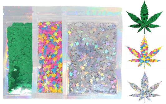 Electric Bliss Beauty front packets showing green rainbow silver leaf glitters, clear labeling and vibrant colors