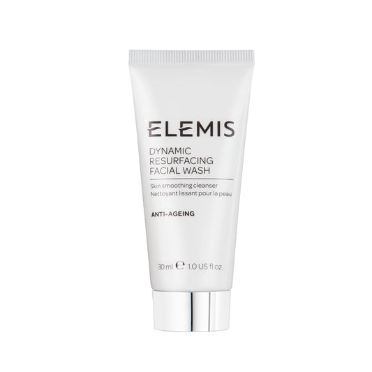 ELEMIS travel facial wash front view showing compact 30ml tube and branding benefit