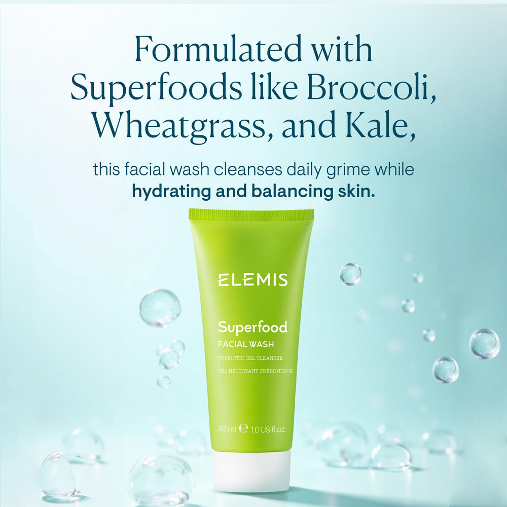 ELEMIS close-up label showing superfood ingredients and clarity benefit