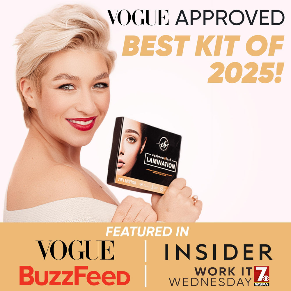 Elevate the Beauty before-and-after brows showing fuller brushed-up shape