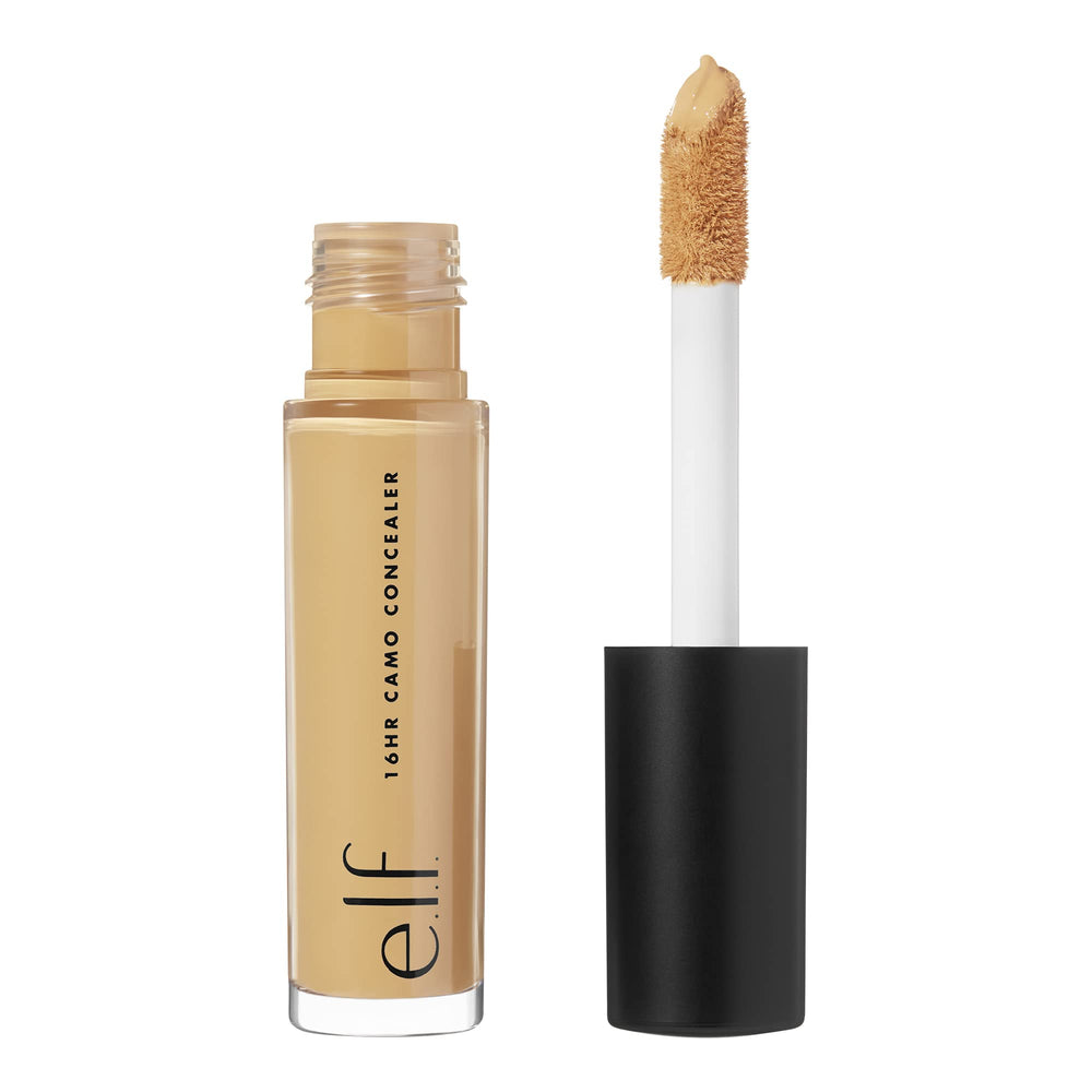 e.l.f. concealer front packaging showing shade Deep Caramel and product benefit