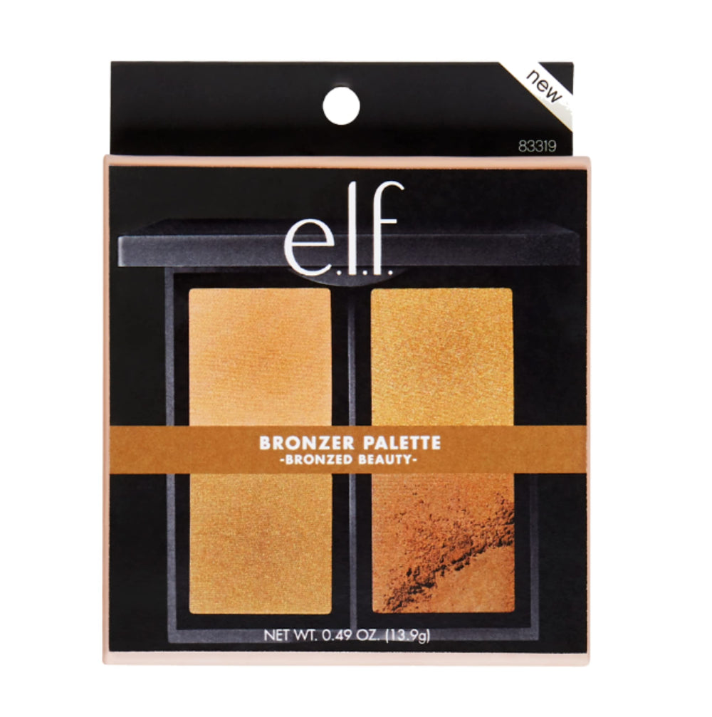e.l.f. palette in makeup routine on vanity with brush demonstrating quick sculpting and glow