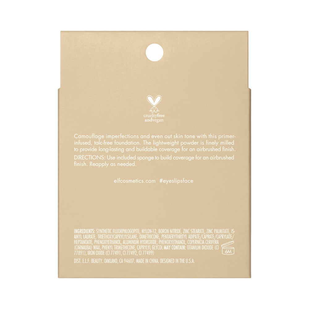 e.l.f. label and ingredient text detail showing talc-free, non-comedogenic benefit